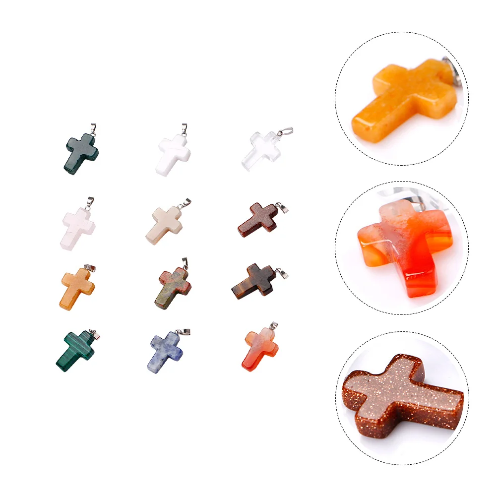 

1 set Natural Stone Cross Shaped Pendant Jewelry Set Alloy Chain Rope Random Gemstone Beads for DIY Necklaces Gifts