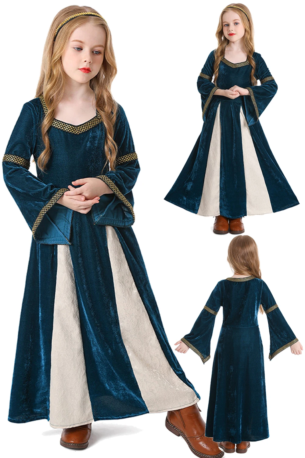 

Disguise Medieval Princess Cosplay Child Girls Navy Blue Flare Sleeve Dress Gown Renaissance Stage Costume Party Clothes