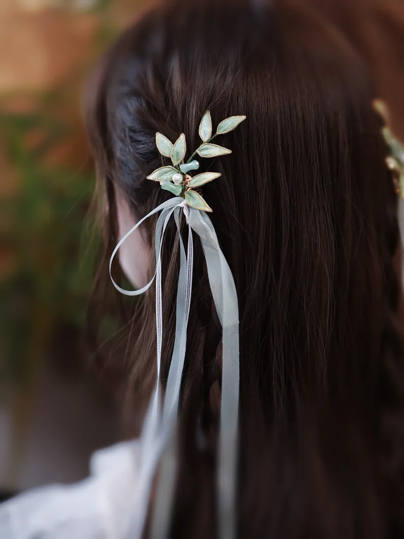 2026 New Chinese Style Hanfu Bamboo Leaf Hair Clips 2pcs Soft Fabric 32cm Long Ribbon Double Ponytail Hair Accessories For Girls