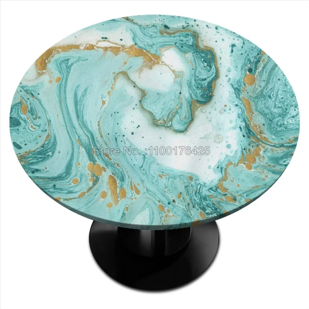 White Gold Marble Round Tablecloth with Elastic Edge Polyester Waterproof Fitted Table Covers for Indoor Party Kitchen Decor