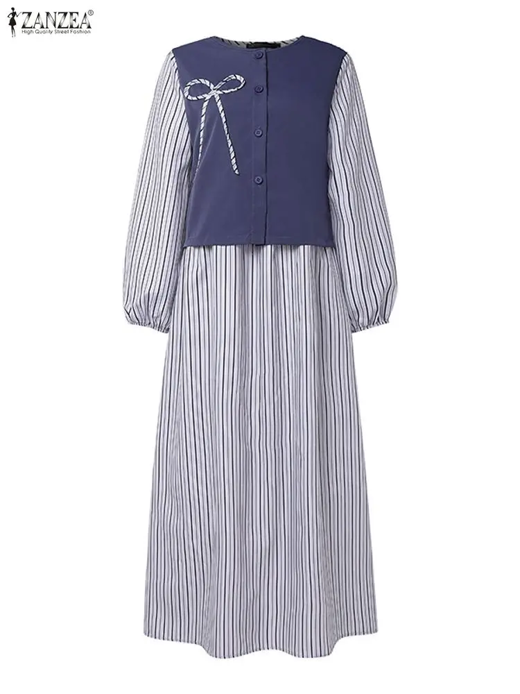 ZANZEA 女性パッチワークイスラム教徒アバヤドレス春マキシロングドレスカジュアル長袖ストライプサンドレスラマダンローブカフタンイスラム教徒