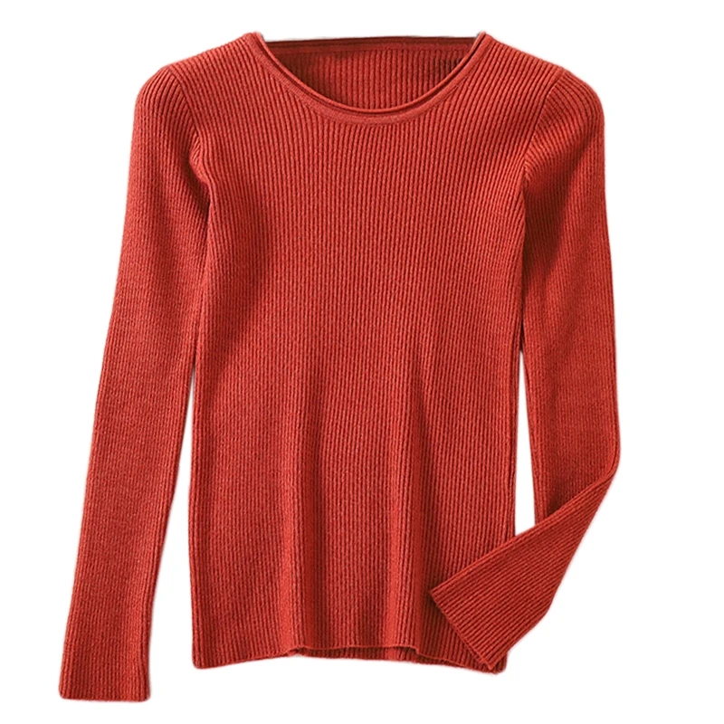 Women Long Sleeve Ribbed Knit Sweater O-Neck Solid Color Basic Jumper Tops