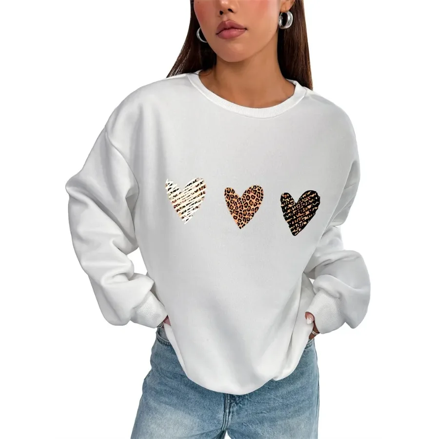 

Women Basic Casual Pullover Spring Autumn Long Sleeve Three Hearts Printed Round Neck