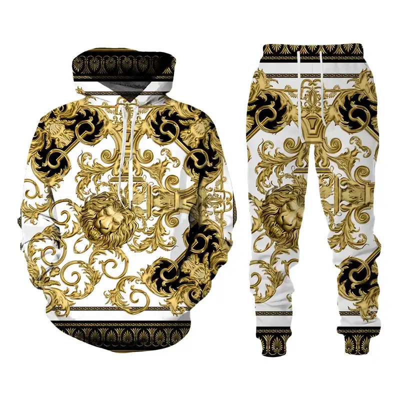 Men\'s Hoodie Set Baroque Style Sweatsuit 3D Printed Crown Golden Chain Hoodie Sweatsuit Casual Men\'s Pullover Tracksuit Set