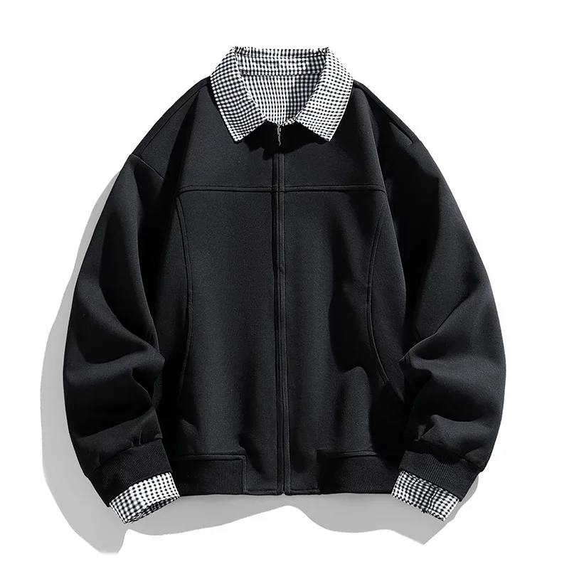 Man Sweatshirt Coat Spring Autumn Plaid Patchwork Loose Male Fake Two-piece Jacket Turn Down Collar Long Sleeve Men Outerwear
