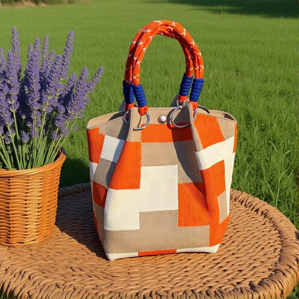 Metal Ring Handbag Fashionable Women'S Bucket Bag Knit Tote Bag Spacious Color Block Handbag For Leisure Travel Daily Commuting image 2