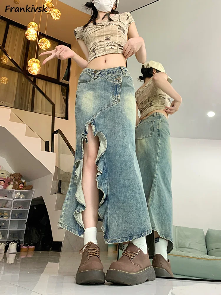 Women Skirts Irregular Spicy Girls Bodybuilding High Waist Korean Style Denim Side-slit Sexy College Vintage All-match Slim Y2k