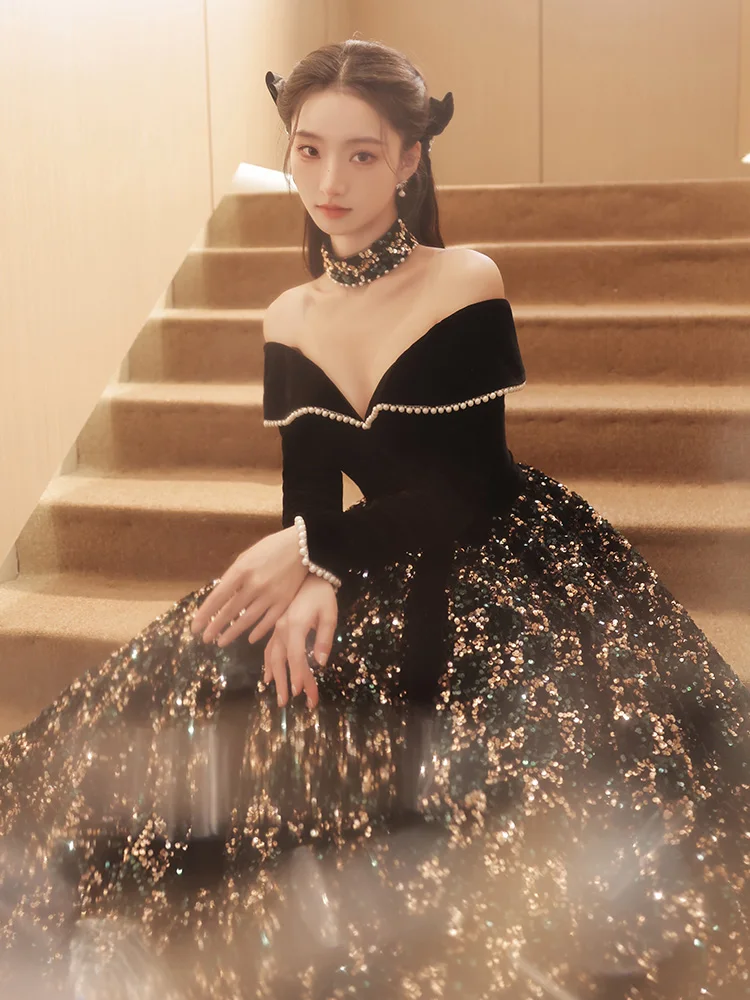 

Newest Black Off Shoulder Luxury Evening Dress Sequins Strapless Fashion A-line Beaded Floor Length Gown For Women Wedding Party