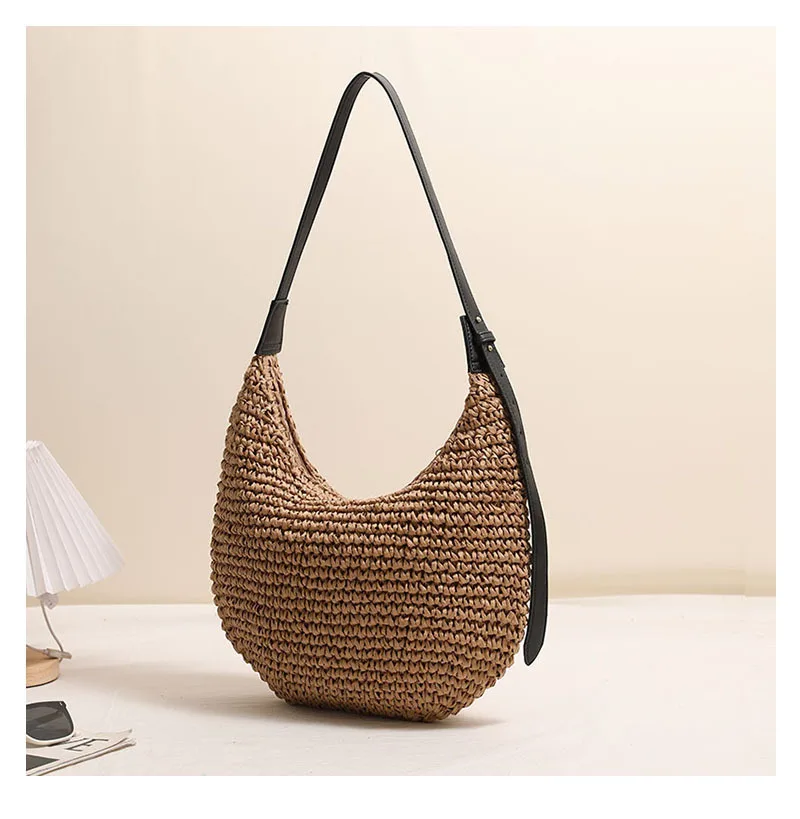 Modische Unregelmäßige Strohtasche Schulterhandtasche Einfarbig Neue Strand-Urlaubstasche für Damen Geflochtene Schultertasche Accessoire – Detail 8