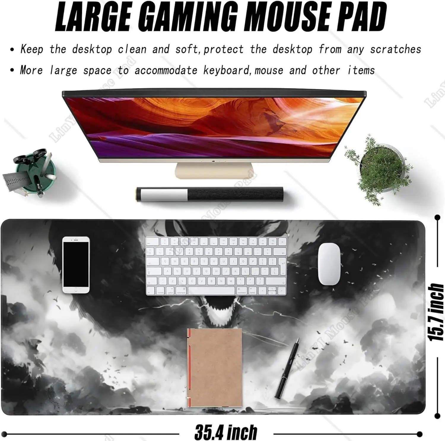 Anime Dragon Cool Large Gaming Mouse Pad XXL with Non-Slip Rubber Base Stitched Edges for Home Office Work 35.4