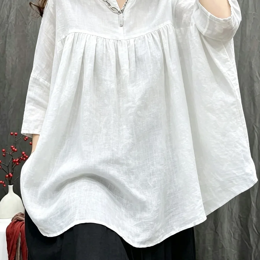 Pure White Hemp Doll Shirt Spring Summer Loose Casual Women's Top Large Flounce Seven Sleeve Cotton Thin Standard Fit