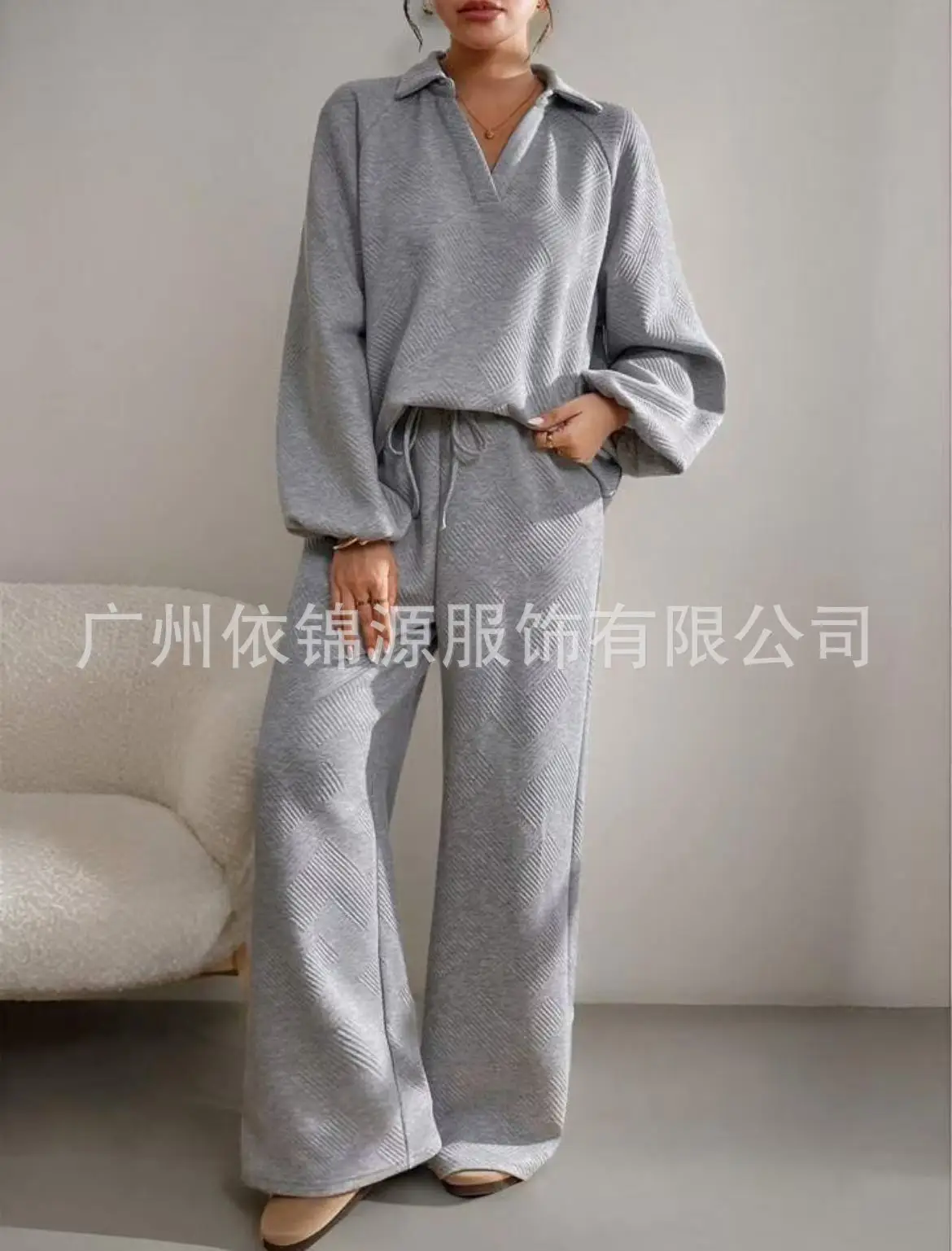

2025 New Fashion V-neck Sweatshirt + Wide-leg Pants Two-piece Set Women Autumn Casual Loose Jogger Shirt Trousers Suit For Women