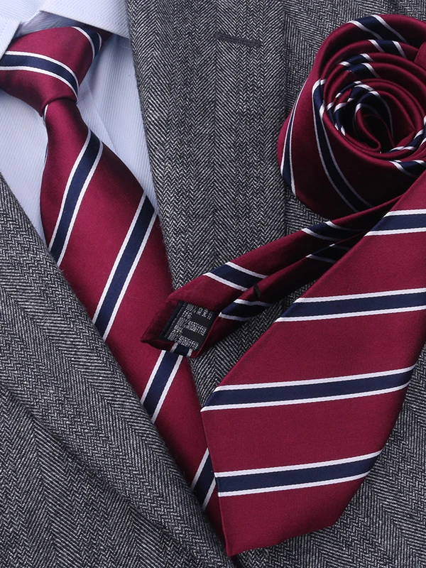 ビジネスフォーマルシルクネクタイ-メンズ-ディープレッドストライプ-ハンドメイドシルクネクタイ-プロ仕様-幅広45cm-ネクタイ-カラー織りポリエステル裏地