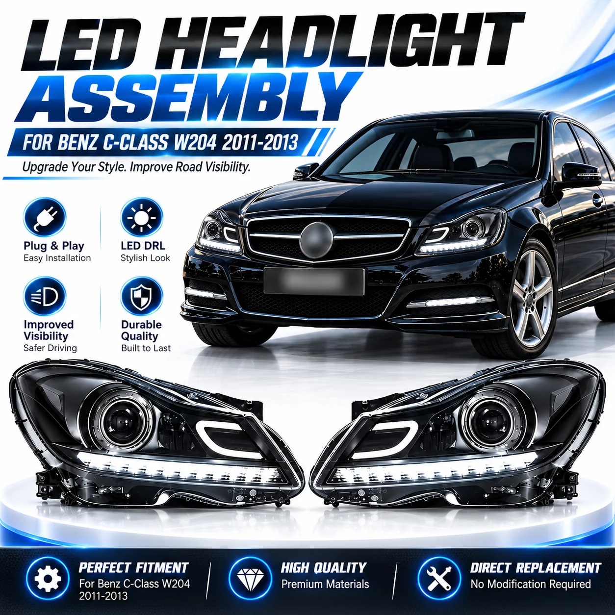 Image of 2 Stück LED-Scheinwerfer für Mercedes-Benz C-Klasse W204 2011-2013 Scheinwerfer-Set mit Tagfahrlicht und dynamischen Blinkern, Automobilbeleuchtungszubehör