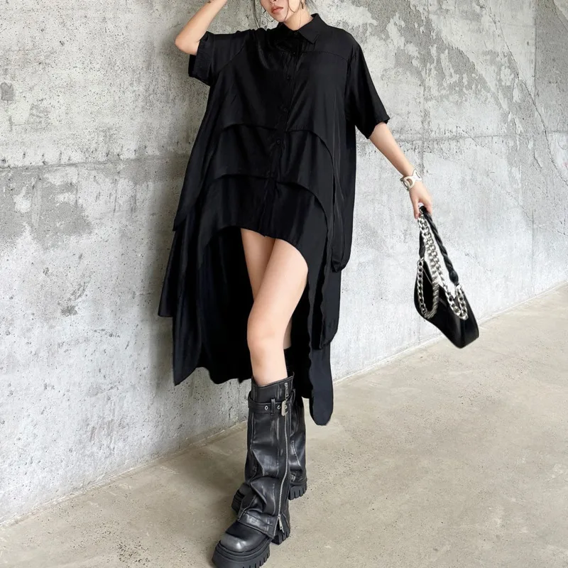 HKSH Spring Summer New Women Dress Irregular Hem Short Sleeves Single Breasted Casual Dark Elegant Ins Oversized Dresses HK16641