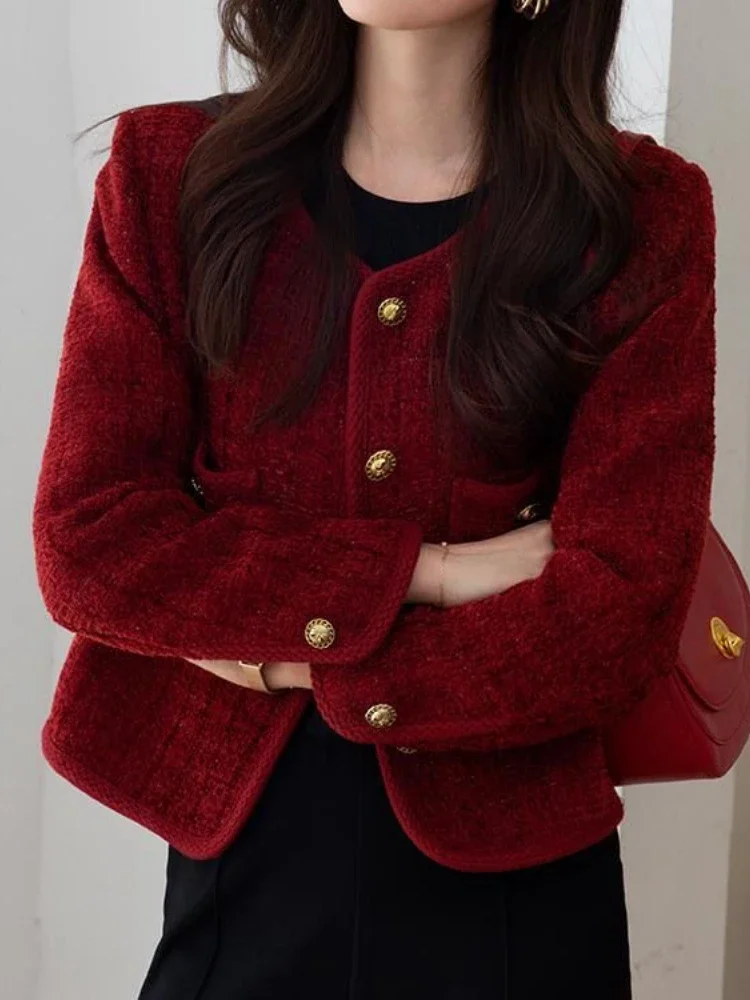 Wine Red Women\'s Jackets 2024 Autumn and Winter New  Metal Buckle Short Women Coat Korean Fashion Slim Elegant Tweed Jackets