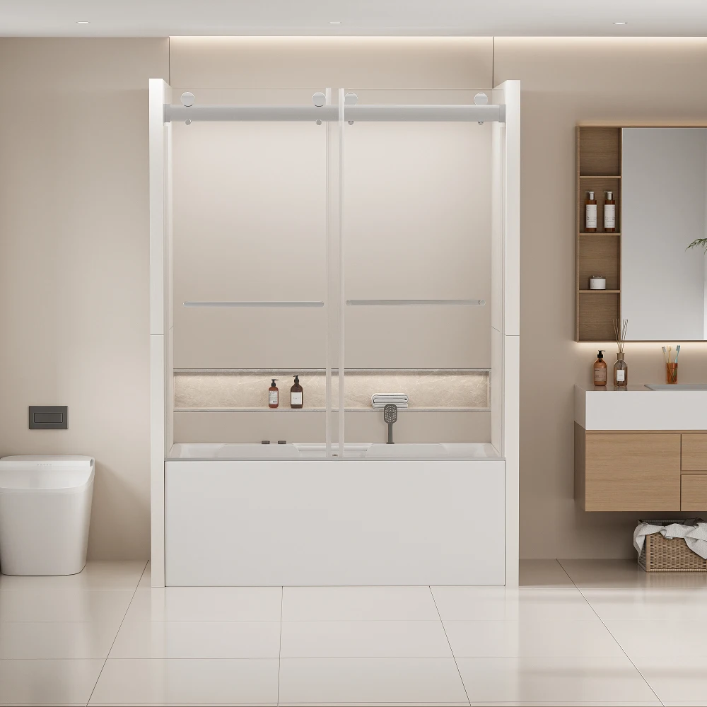 56-60 in. W x 62 in. H Frameless Double Sliding Tub Door, Bypass Tub Shower Door Soft Closing, Chrome