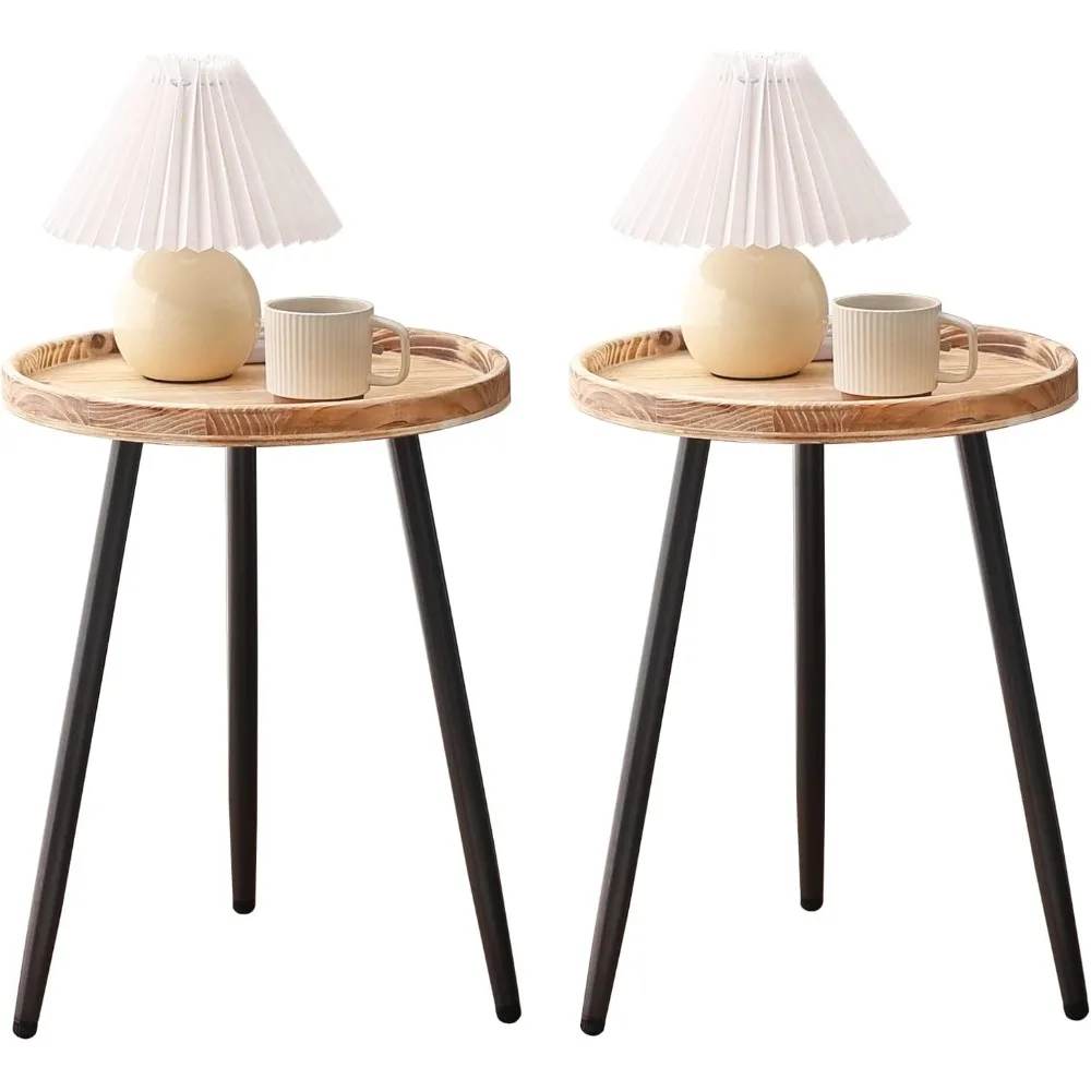 

Round End Table Mental Side Table Nightstand/Small Wood Tables Accent Coffee Table with Wooden Tray for Living Room Bedroom Off