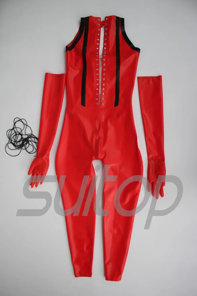 Via EMS New Arrivals latex costume straitjacket sexy red rubber catsuit for girl with corset style