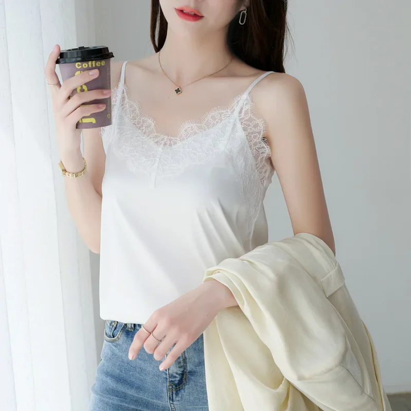 Summer Lace Silk Top Cami Spaghetti Strap Top Tank Ladies Tops White Camisole Basic Tops for Women