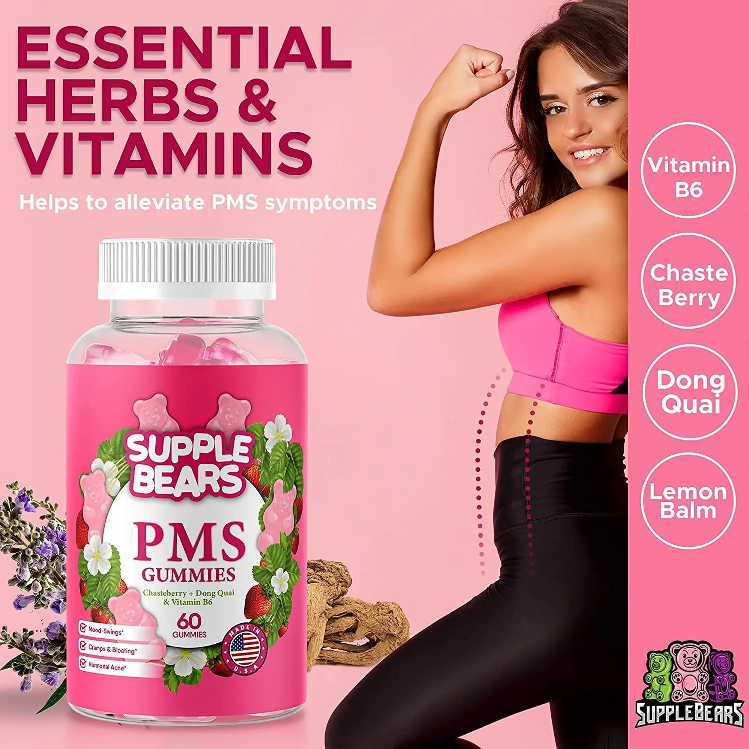 60 Pillen Vrouwelijke Stemming Verlichting Gummies Aardbei Smaak Menstruele Stemming Verlichting Slaap Gummies Vitamine Gummies