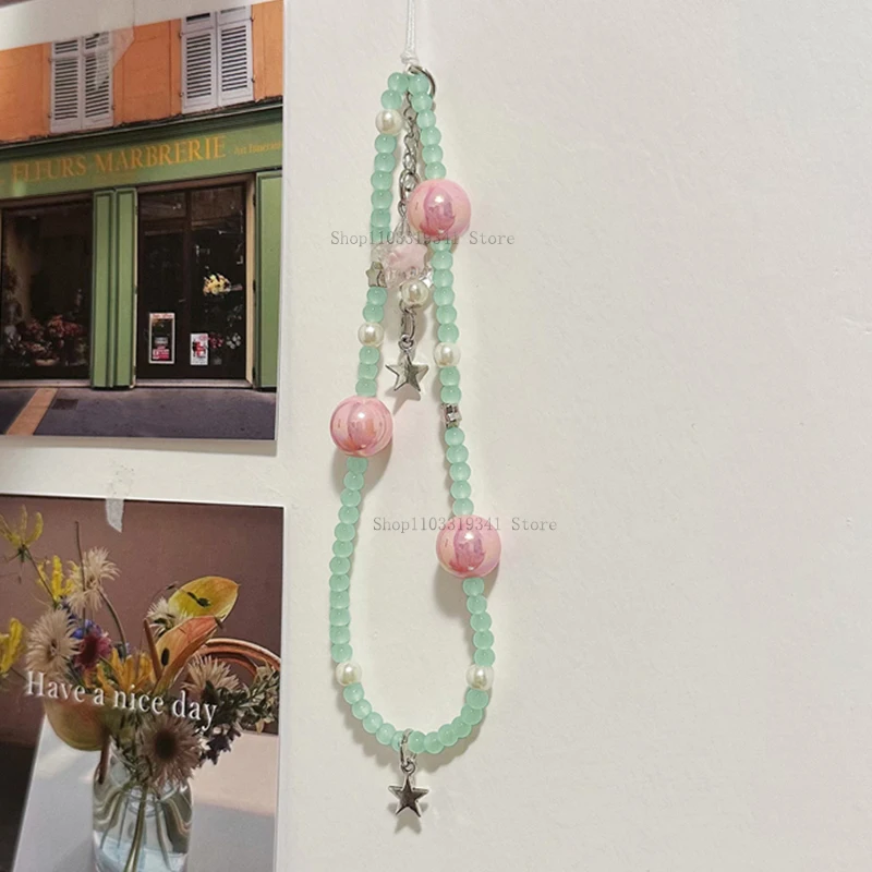 

Корейский милый розовый Звездный зеленый розовый бисер цепочка для телефона очаровательный шнурок для iPhone Samsung универсальные аксессуары ювелирные изделия подвеска