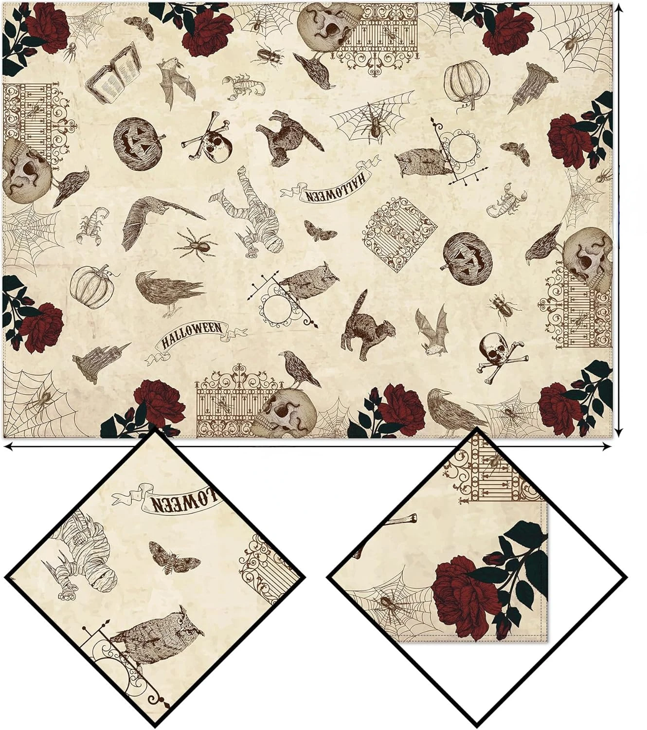 Halloween Day of The Dead Roses Skull Decoration Spider Web Pumpkin Crow Fabric Tablecloth Table Decor Durable Table Cover