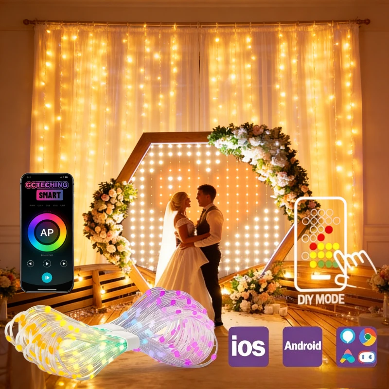 Luces de Cortina Inteligentes de 400 LED, Cadena de Luces LED RGB con Bluetooth y App, Luces Decorativas con Cambio de Música para Ventanas y Dormitorios