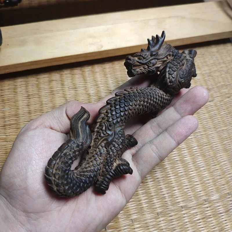 Hand-Carved Agarwood Dragon Figurine - 6.3