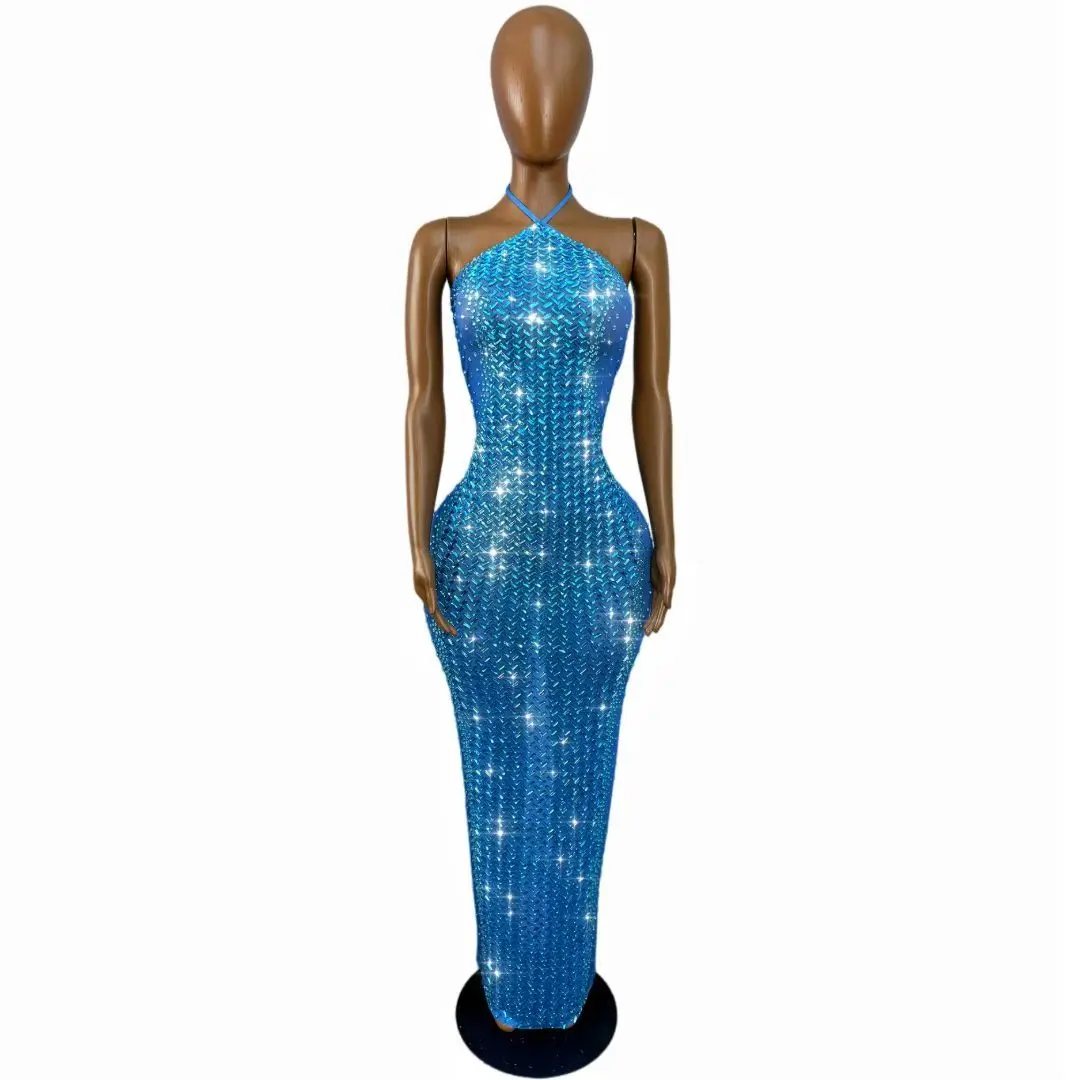 

Xiaoxi Shiny Blue Crystal Halter Maxi Dress Sleeveless Form Fitting Gown for Singer Dancer Rave and Evening Party