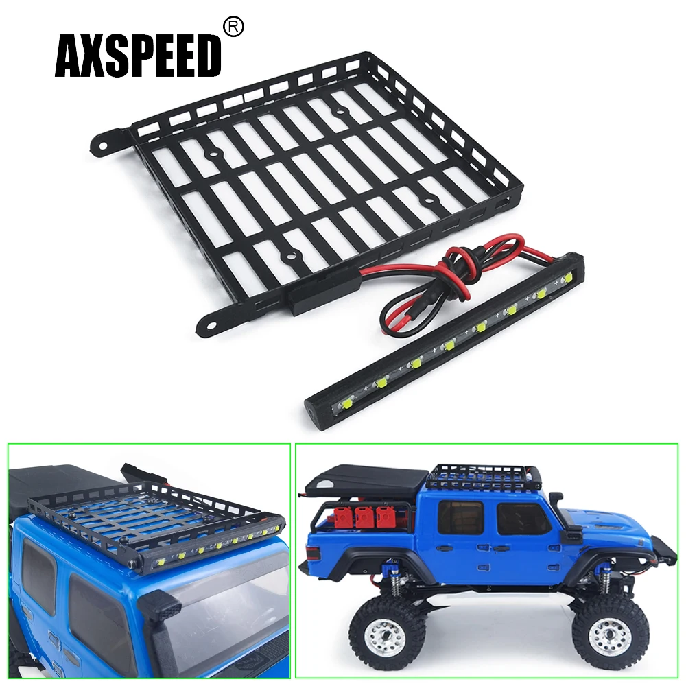 AXSPEED Metal Roof Rack Luggage Carrier LED Light for Axial SCX24 AXI00005 Jeep Gladiator 1/24 RC Car Decoration Accessories