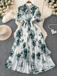 Women French Elegant Dress Summer Bandage Bow Neck Slim Short Sleeve Chiffon Vintage Dresses Ladies A-line Floral Long Robe