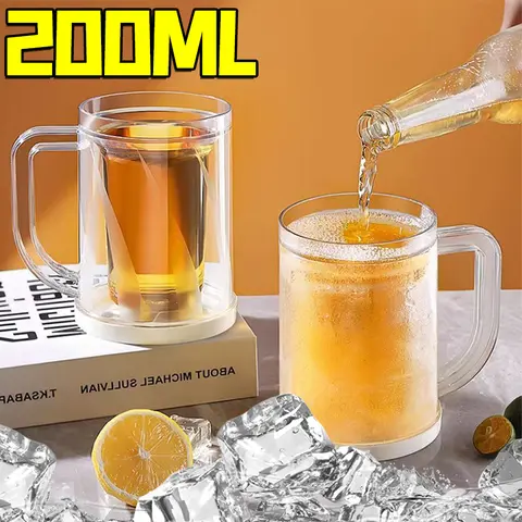 200ML Freezing Beer Mug Double Wall Gel Freezer Mugs Plastic Ice Beer Cup With Handle Transparent Cooling Cup For Restaurant Bar