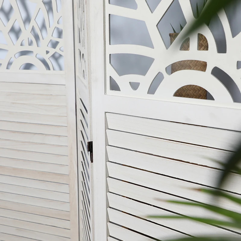 Woven Foldable Carved Design White Wooden Wall Desk Transparent Hanging Curtain Room Divider