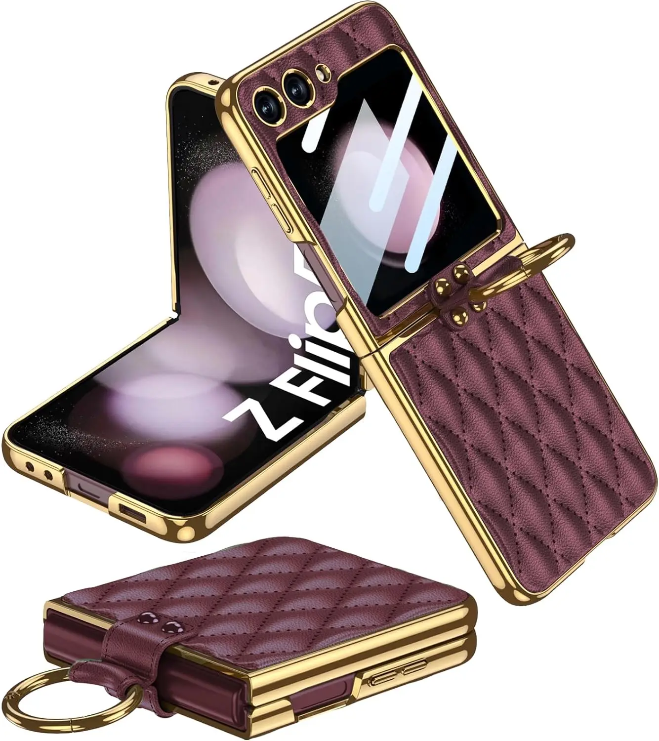 

for Samsung Galaxy Z Flip 5 Case, [Built-in Screen Protector] [Ring Holder] Z Flip 5 Leather Case with Ring, Shockproof