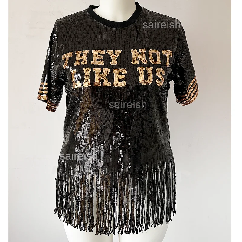 Dropshipping They Not Like Us Sequin Fringe Women Clothing Graphic T Shirts Blouses