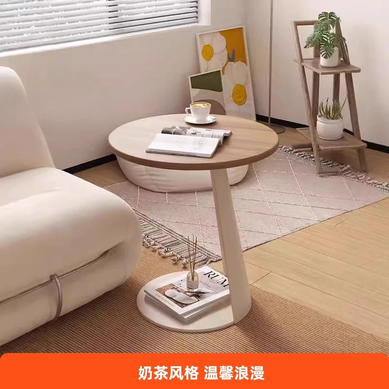 

Cream style ash solid wood C-shaped sofa side tableFrench milk tea shop small side table Nordic B&B balcony round table