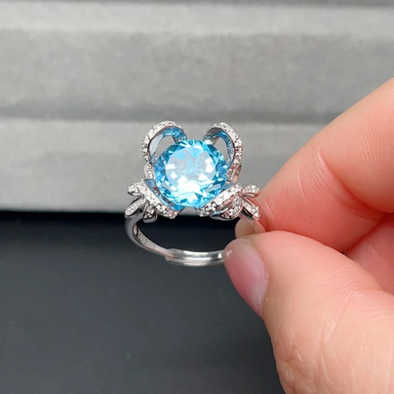 

Ligth Blue Topaz Ring for Wedding 10mm 4ct Natural Topaz Silver Ring Solid 925 Silver Gemstone Jewelry with Gold Plated