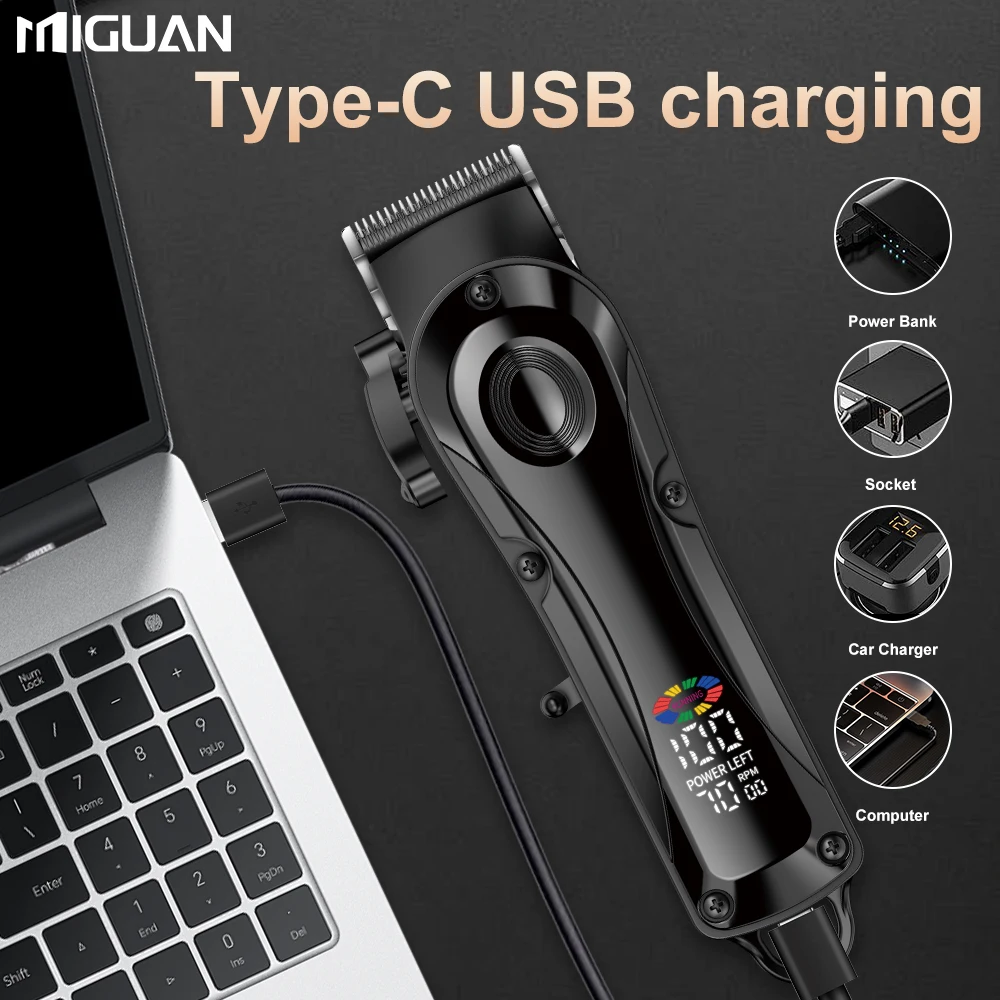 Professional men's hair clipper with LED display screen, rechargeable lithium battery, USB charging, wireless trimmer with