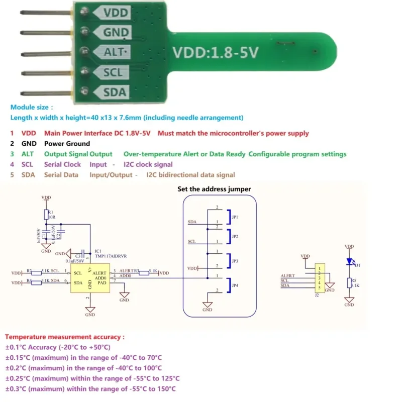 TMP117 High Precision Digital Temperature Sensor Module - ±0.1°C Accuracy, 16-Bit Resolution, I2C for Arduino/STM32