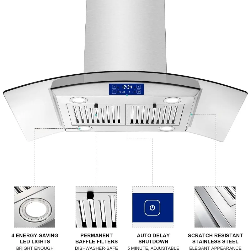 36 Inch Island Range Hood 700CFM Gesture & Touch Control Ceiling Mount Stainless Steel Ducted/Ductless Convertible