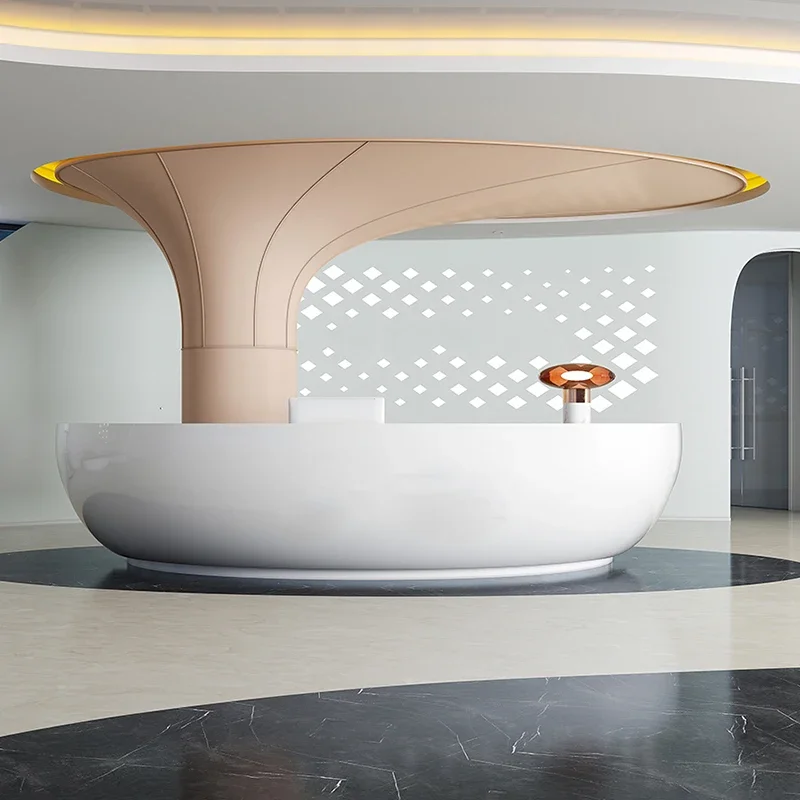 

White lacquered front desk, reception desk, semi-circular welcome desk special-shaped bar, custom cabinet table