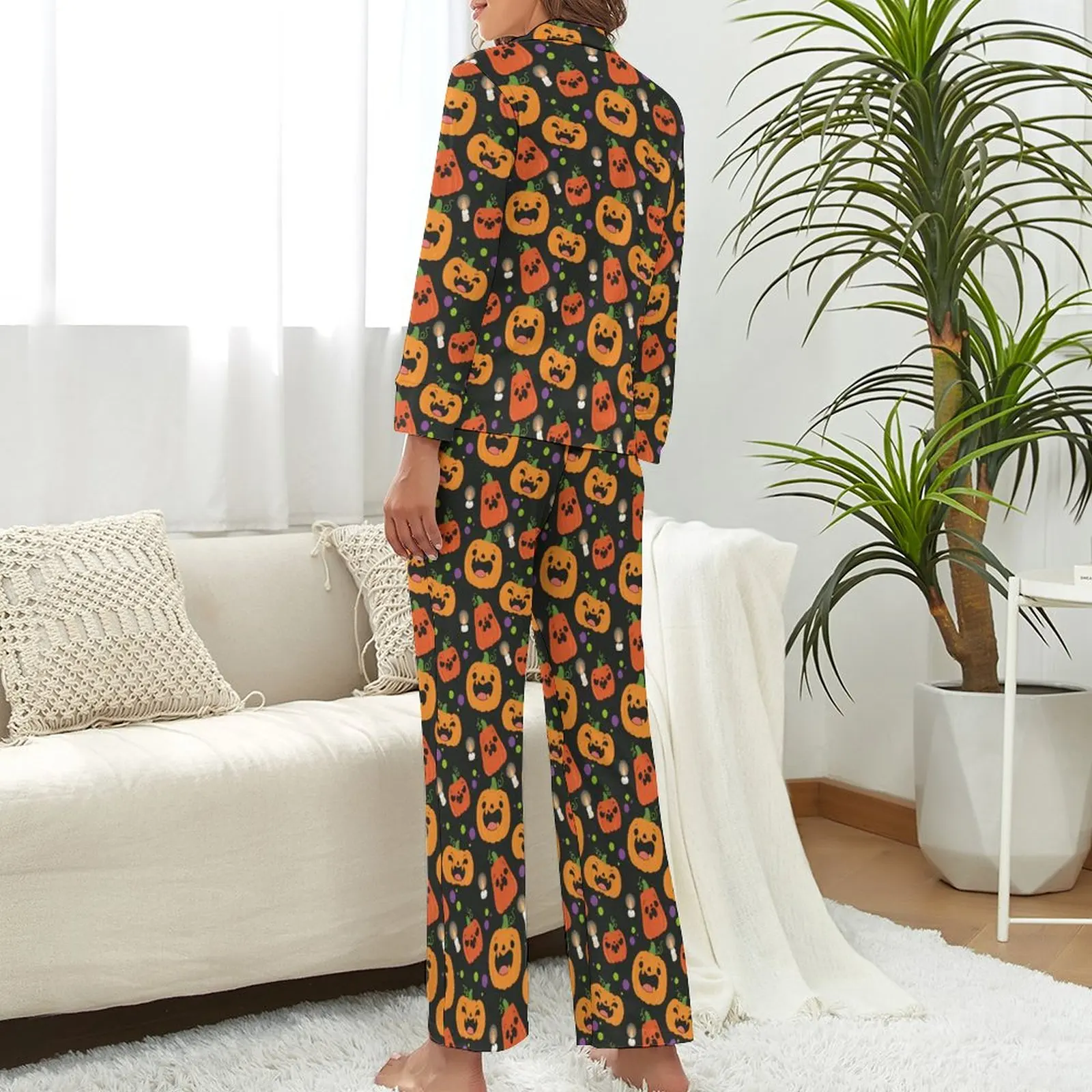 Cute Pumpkin Pajamas Long-Sleeve Spooky Halloween 2 Pieces Casual Pajamas Set Daily Woman V Neck Retro Sleepwear