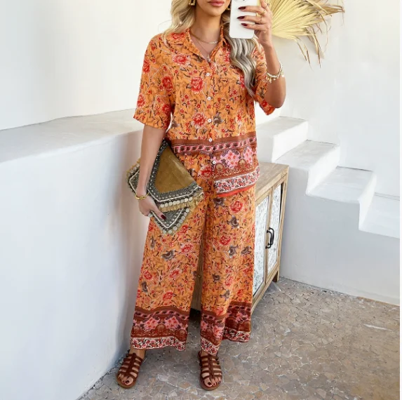 

New printed contrasting Bohemian vacation style short sleeved pants set for summer 2025 new women's clothing
