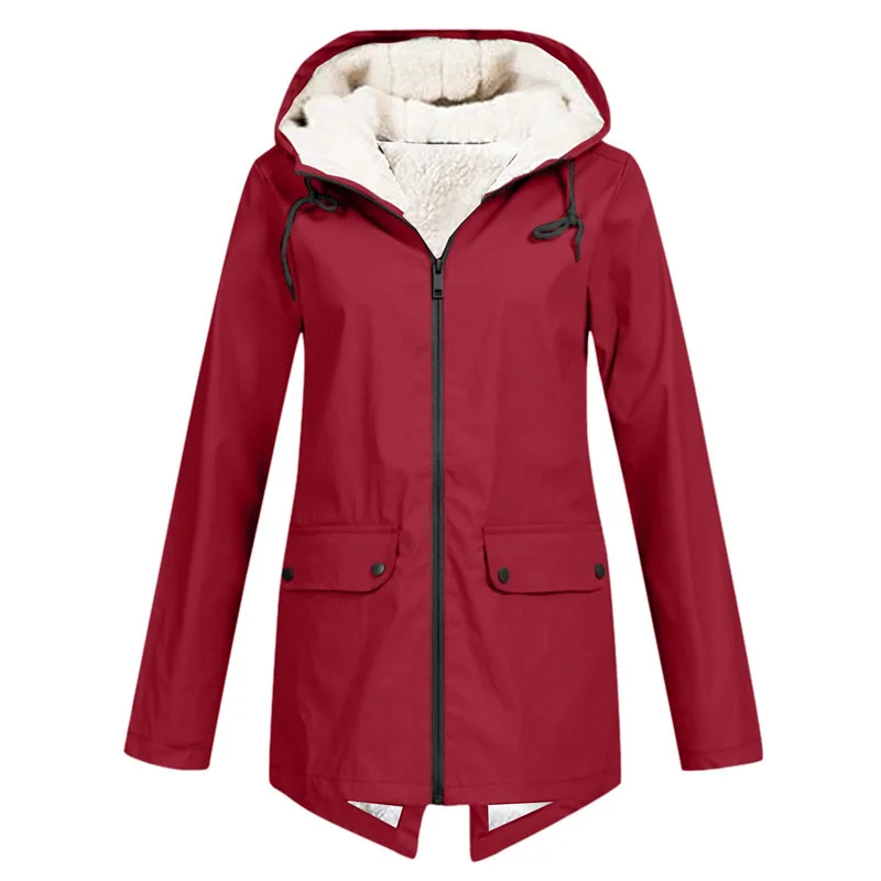 Outdoor Trench Coat Women Windbreaker Waterproof Hooded Outerwear Velvet Thicken Overcoat Zip-up Streetwear Autumn Winter 2025