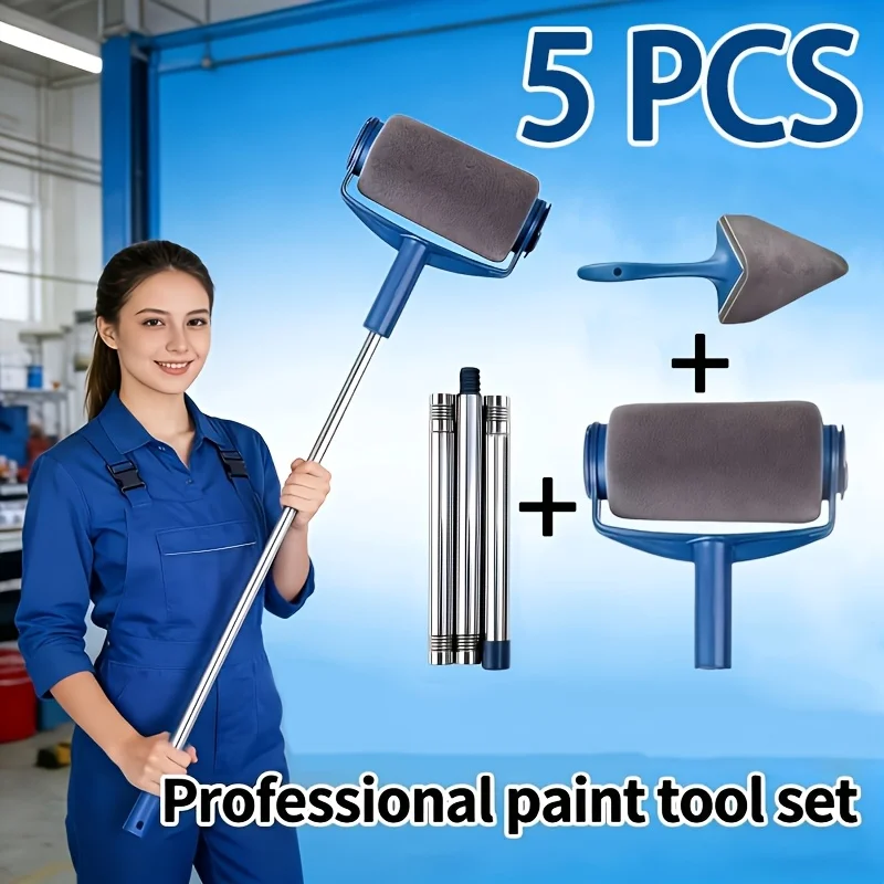 5PCS Home Paint Roller Brush Set with Extension Rod & Triangle Brush, High Density Head for Wall Renovation & Latex Painting