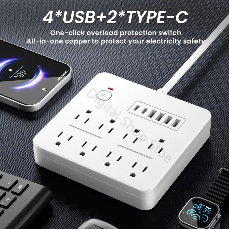 96BA Moderne Steckdose mit 8 Standardsteckdosen, 6 USB- und Schaltkreis-Sicherheitssystem-Steckdosen – Detail 9
