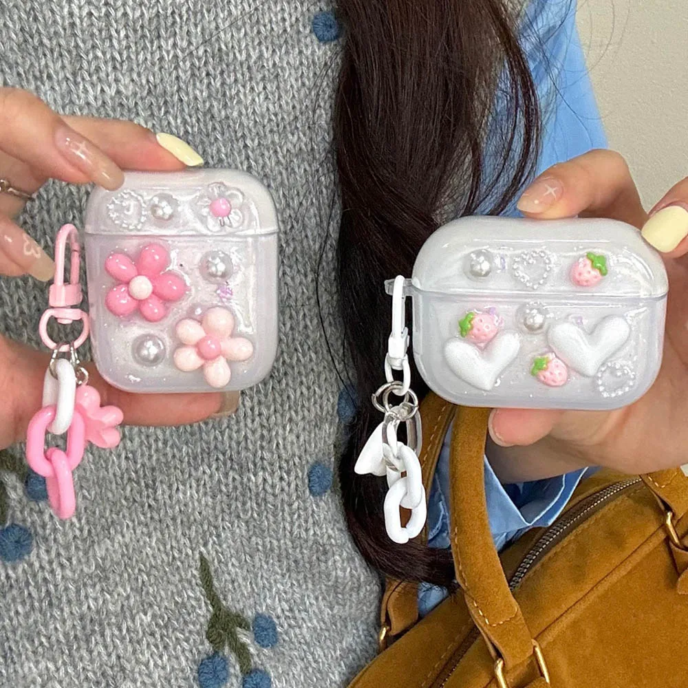 Earphone Case For AirPods 4 2024 Glitter Flower Heart Strawberry Pearl Protective Case Keychain for Airpods 1 2 3 4th Pro Pro2