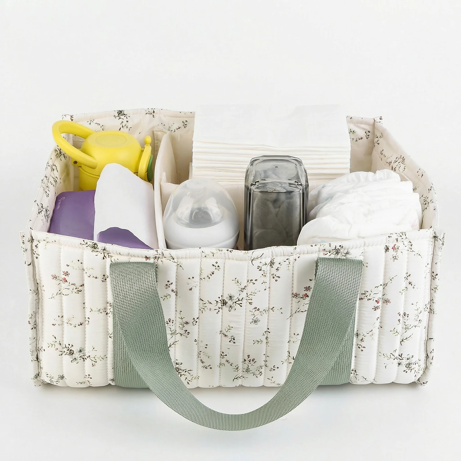 Floral Diaper Caddy Organizer with Handle Nappy Caddy Bag with Removable Partition Babies Shower Gifts Basket for  and Girl