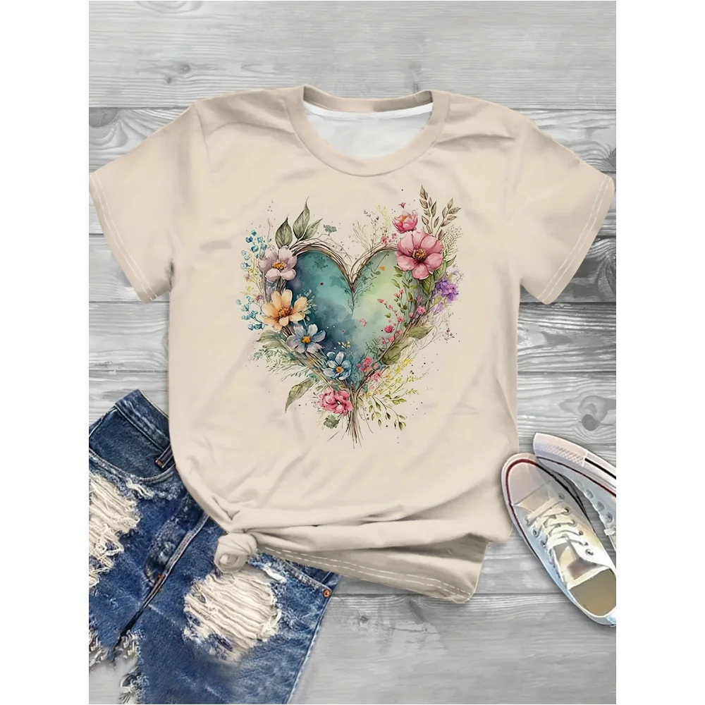 Camisetas con estampado de amor para mujer, Camiseta con estampado de personajes simples, divertida camiseta informal de manga corta con cuello redondo, ropa femenina, Tops